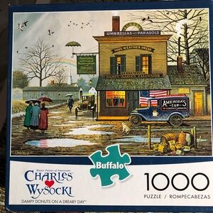 Charles Wysocki dumpy donuts on a dreary day 1000 piece puzzle complete w poster